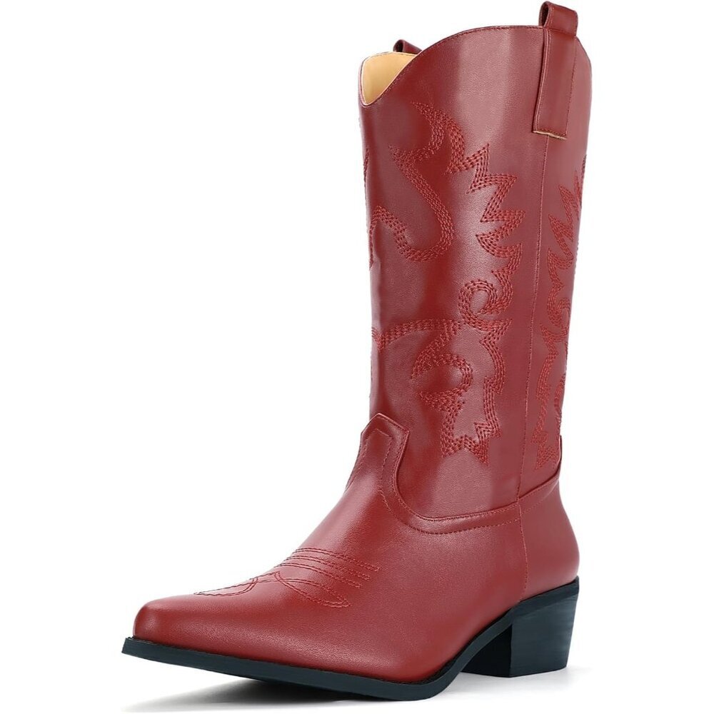 Women Red Pu Manmade Material Mid Calf Embroidered Low Heel Pointed Toe Boots
